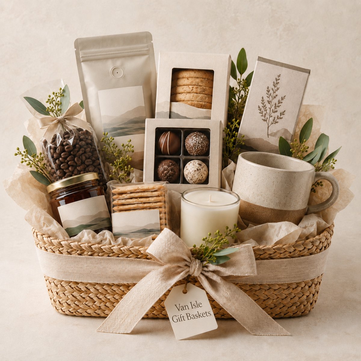 The Cedar and Cocoa gift basket featuring coffee, chocolate and preserves.