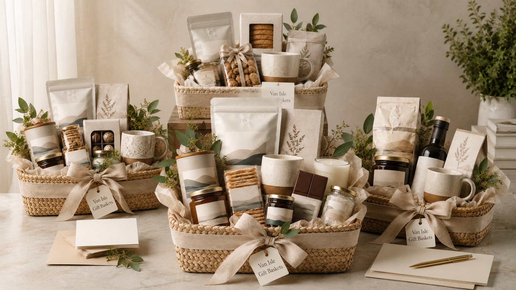 A coordinated collection of Van Isle gift baskets prepared for corporate gifting