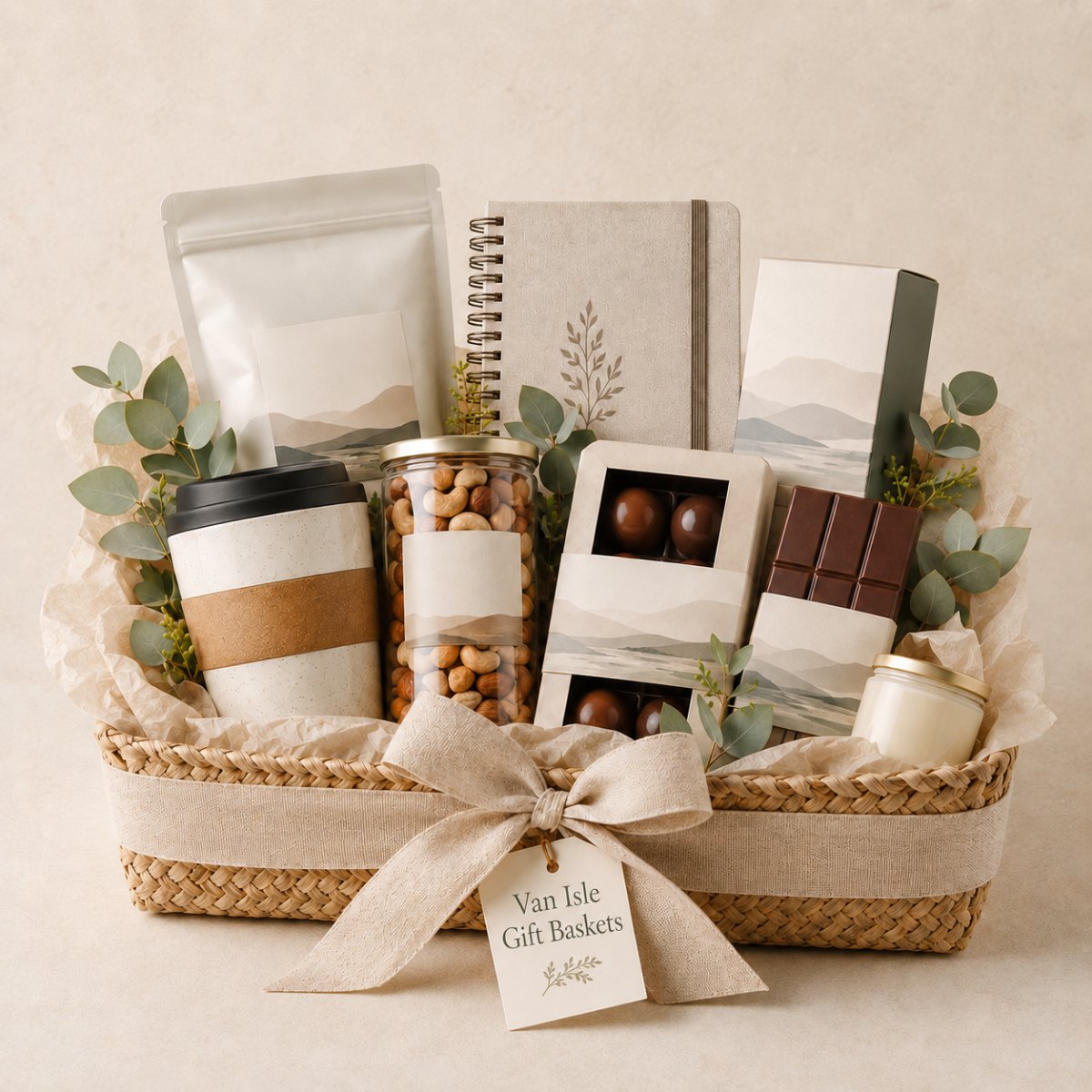 The Island Collection gift basket — coffee, chocolate truffles, crackers, preserves, a candle and a ceramic mug arranged in a woven basket with a Van Isle Gift Baskets tag.
