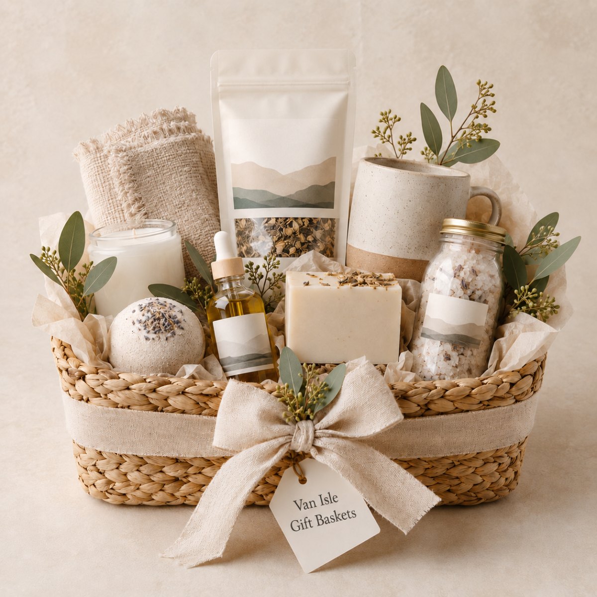 The Quiet Coast gift basket with tea, bath rituals and soft coastal comforts.
