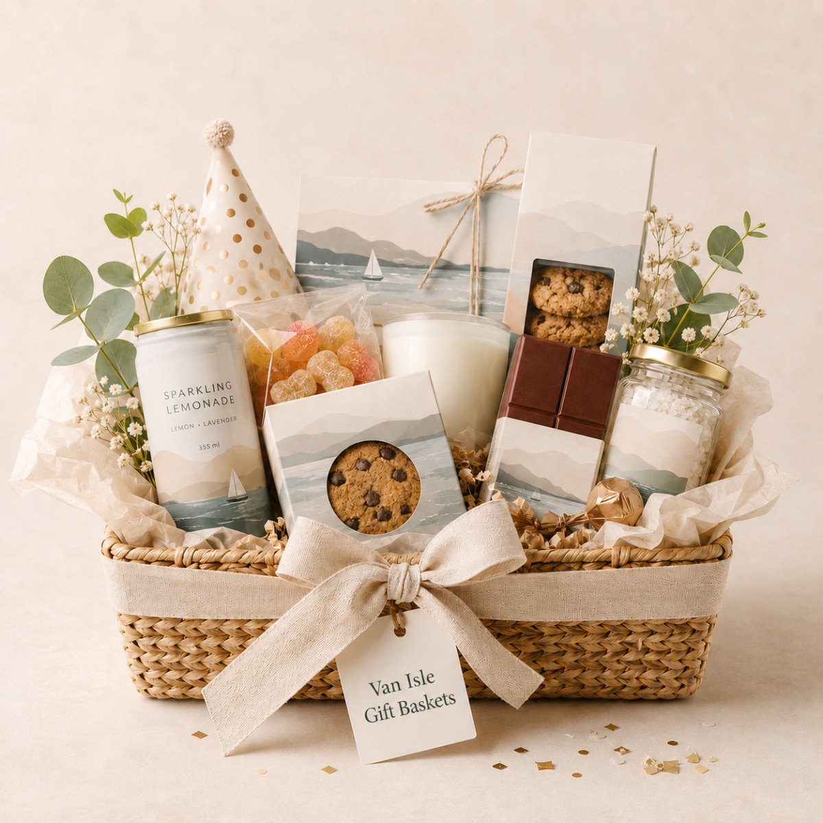 The West Coast Toast celebration gift basket, polished for birthdays and congratulations.