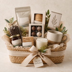 The Cedar & Cocoa gift basket: a coffee pouch and beans, an amber jar of preserves, crackers, a box of chocolate truffles and a speckled ceramic mug in a woven basket with a Van Isle Gift Baskets tag.