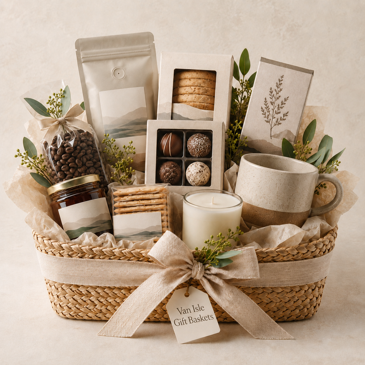 The Cedar & Cocoa gift basket: a coffee pouch and beans, an amber jar of preserves, crackers, a box of chocolate truffles and a speckled ceramic mug in a woven basket with a Van Isle Gift Baskets tag.