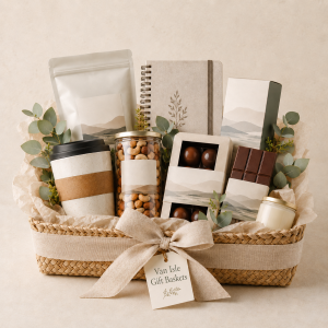 The Island Collection gift basket: a spiral notebook, a cork-banded travel mug, a jar of mixed nuts, a coffee pouch, chocolate truffles and a candle arranged in a woven basket with a Van Isle Gift Baskets tag.