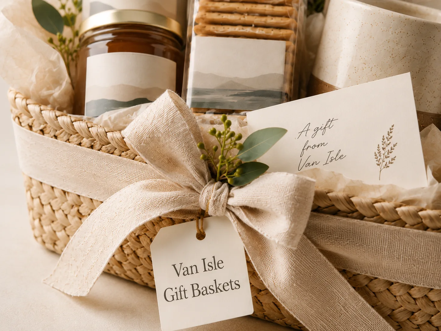 Close view of a Van Isle Gift Baskets linen ribbon, gift tag, note card, greenery and basket detail