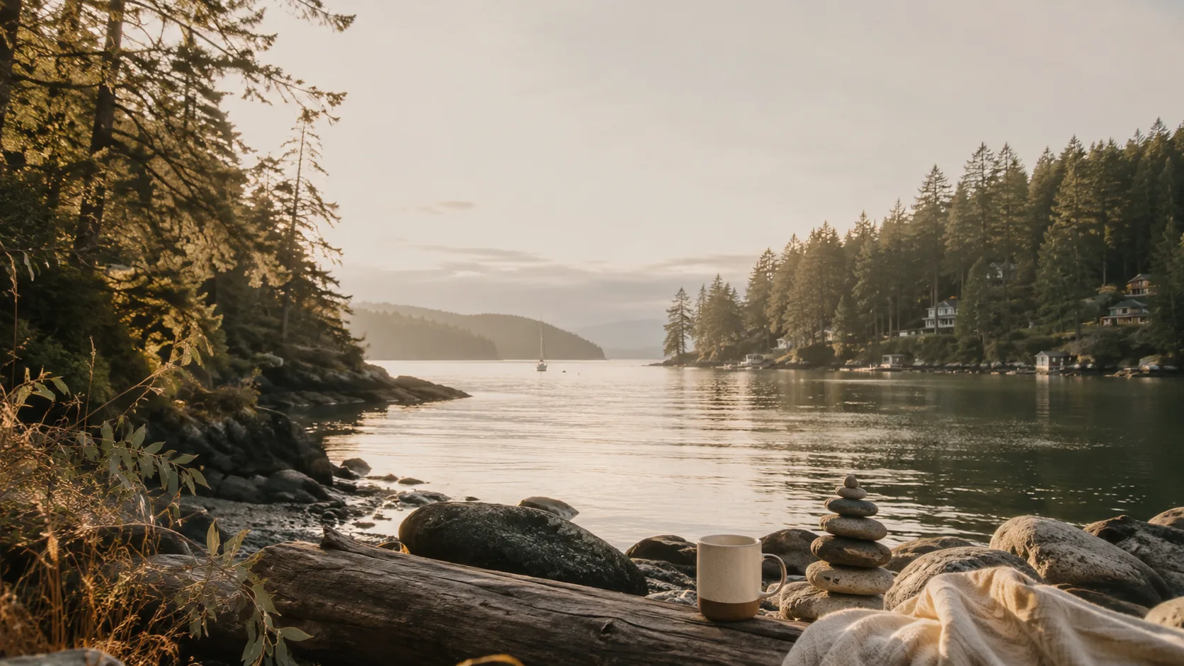 Vancouver Island-inspired coastal cove at golden hour with an evergreen shoreline and calm water