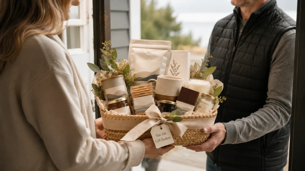 A Van Isle gift basket being presented to a recipient at their doorway