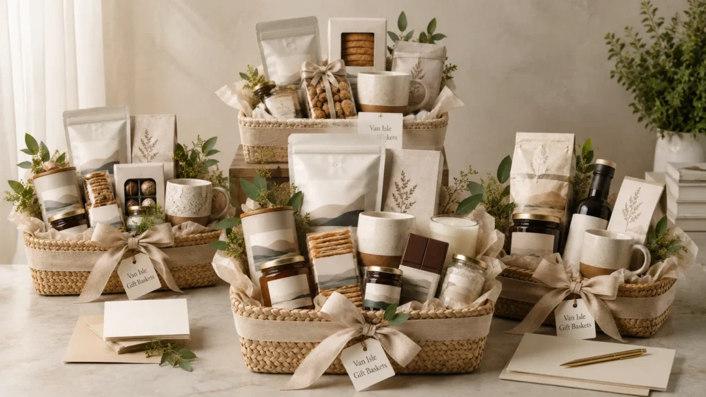A coordinated collection of Van Isle gift baskets prepared for corporate gifting