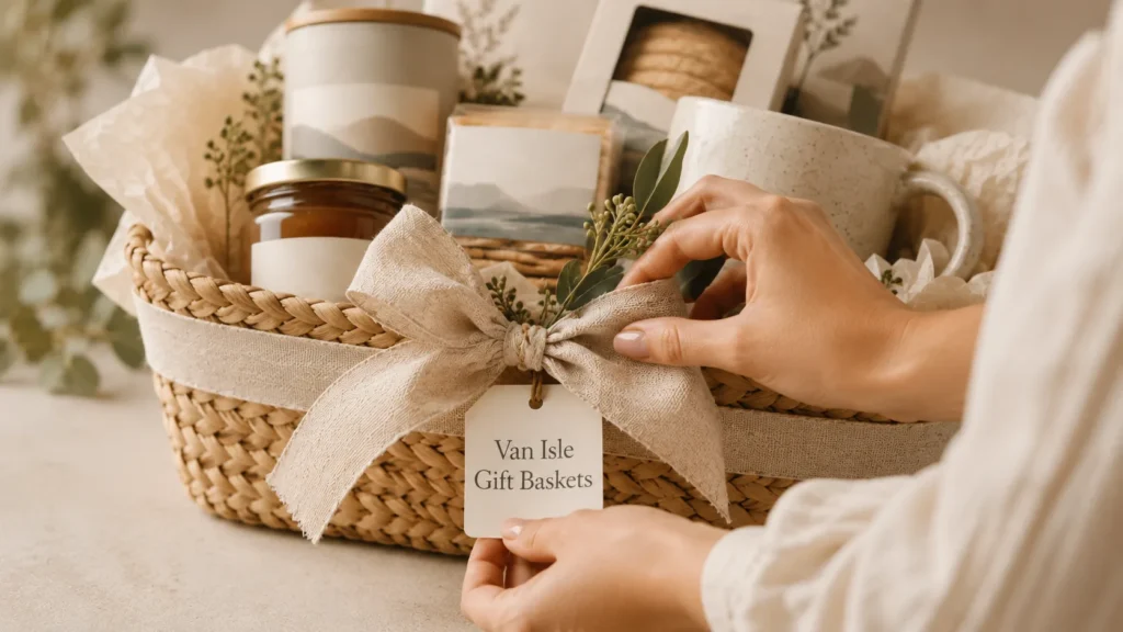 Hands tying a linen ribbon and Van Isle Gift Baskets tag onto a curated gift basket
